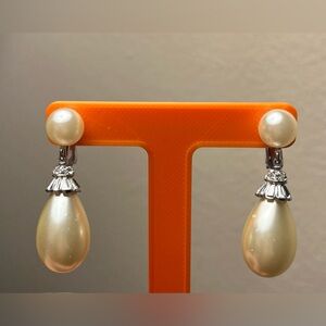 Crown Trifari Cream Faux Pearl silver tone  Clip Earrings with rhinestones